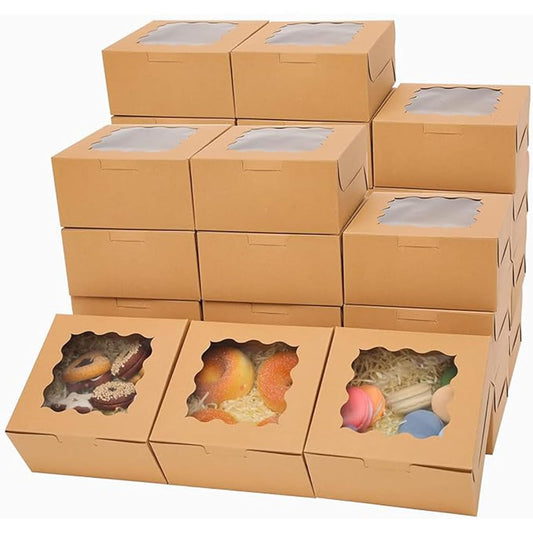 Bakepacker 60pcs Kraft Bakery Boxes with Window 6x6x3 inches Thick & Sturdy Macaroon Pastry Boxes