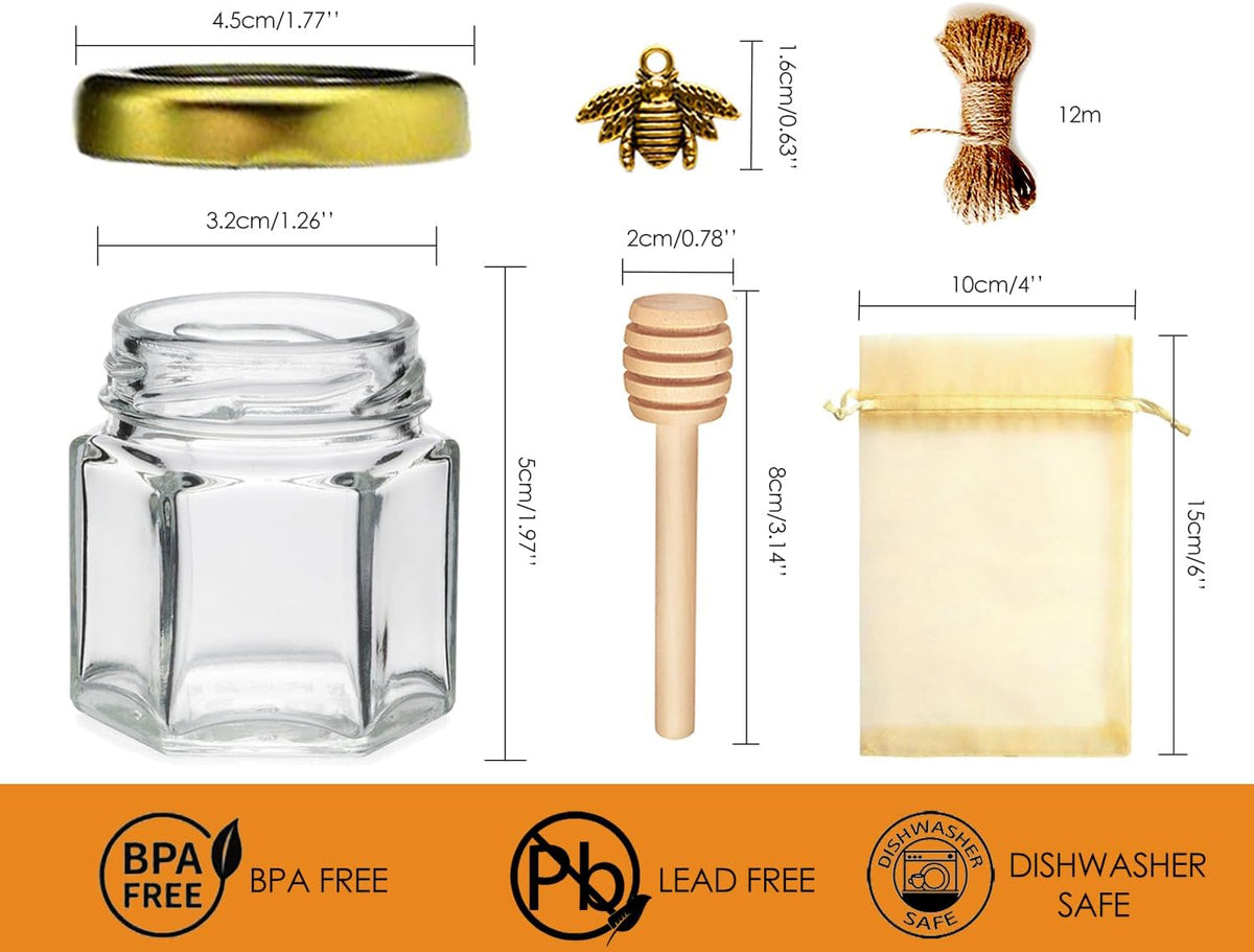 Honey Pot, Glass Honey Jars, Small Honey Jars with Wooden Dippers, Bee Charms, Gold Gift Bags and