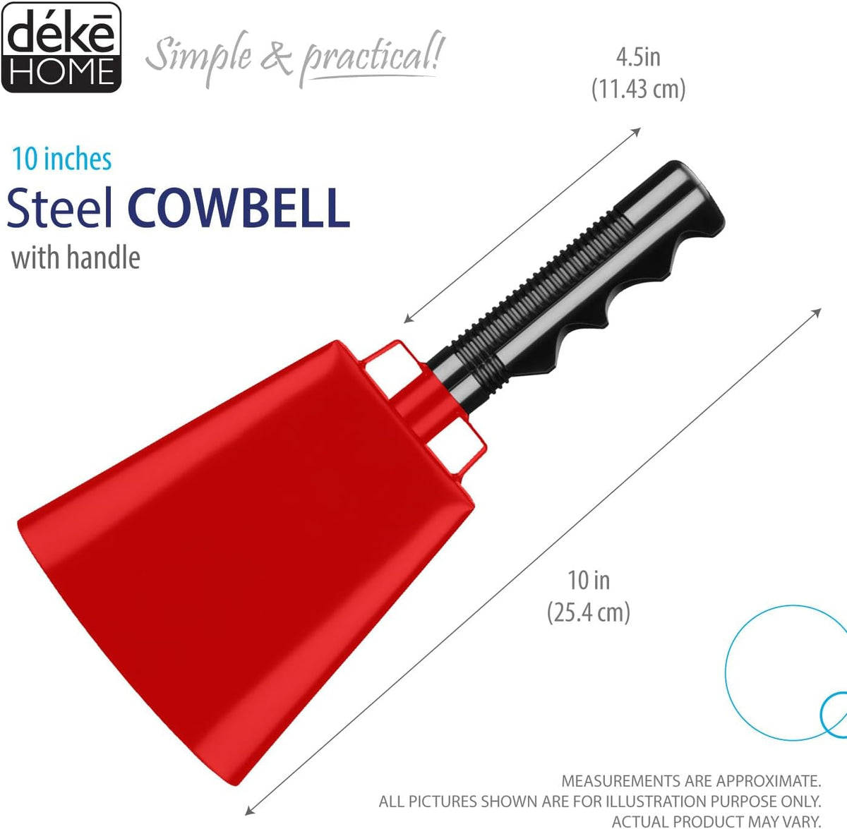 Deke Home - 2 Pack 10 Inch Steel Cowbells with Handle, Loud Noise Makers for Football, Sports