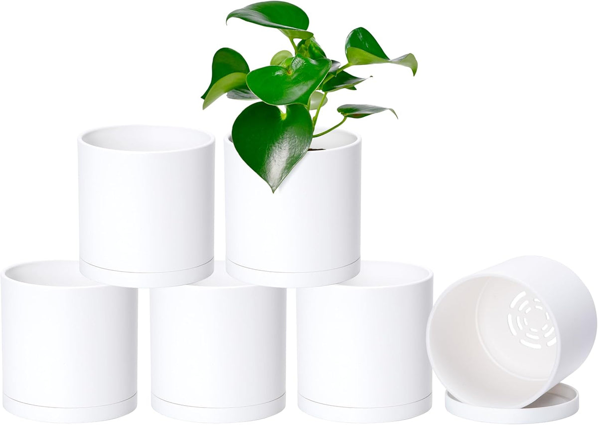 D'vine Dev 6 Pack 5 Inch Modern Plastic Plant Pots, Small Garden Planters for Plant with Drainage
