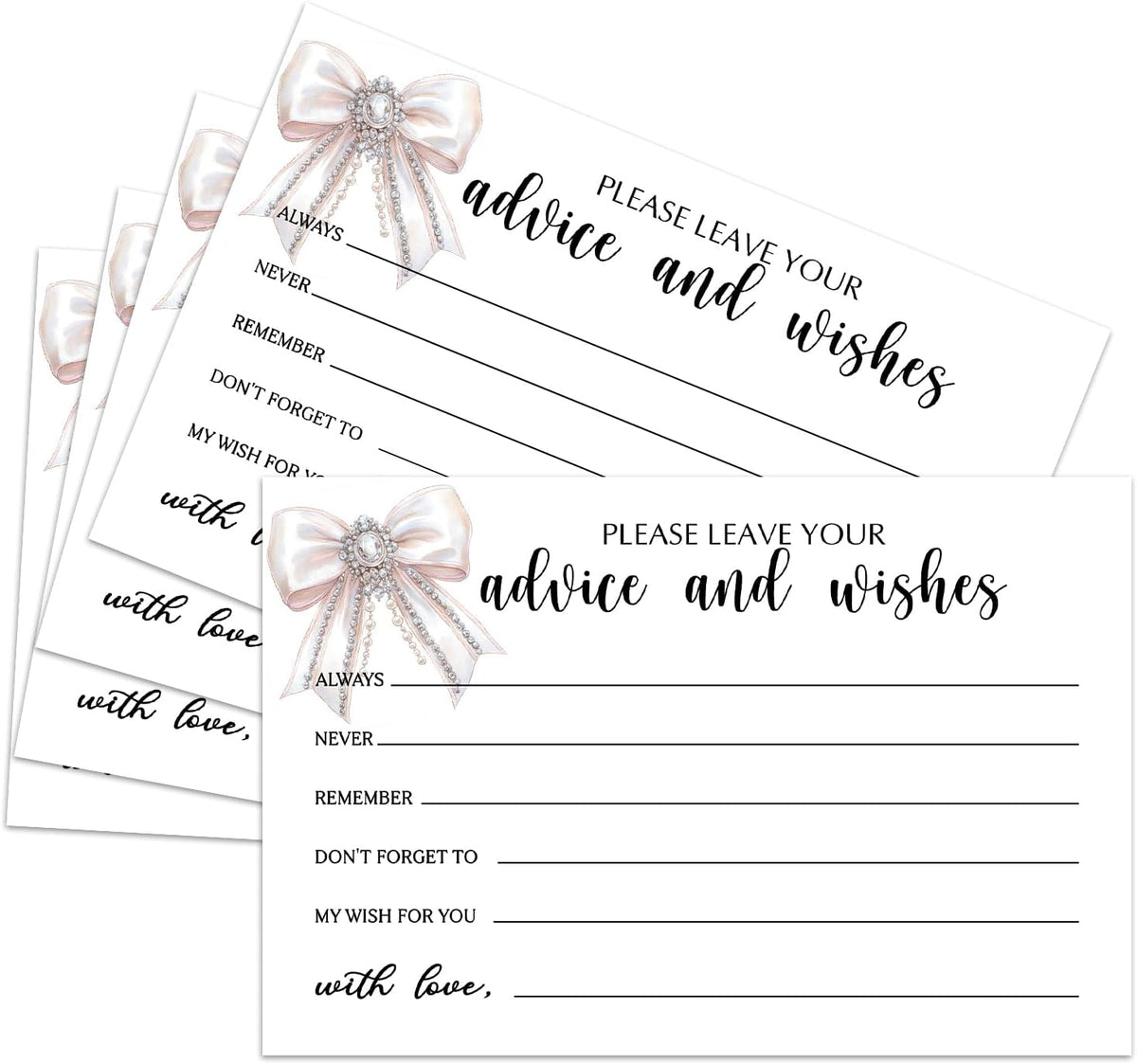 25 Advice and Wishes Cards, White Bow Fill-In Advice Cards for Bridal Shower Wedding Birthday Party