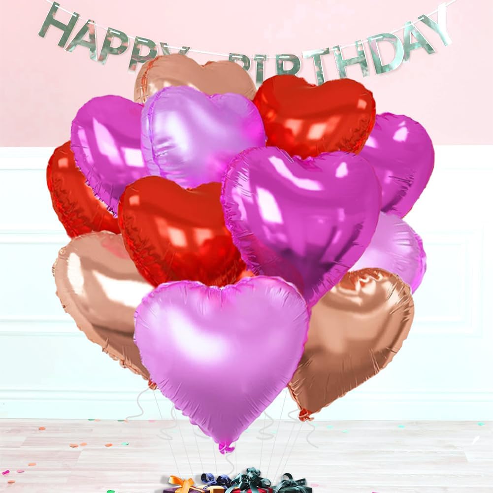 Rose Gold & Red Heart Balloons，18 Inch Purple Foil Love Heart Shaped Balloons for Bridal Wedding