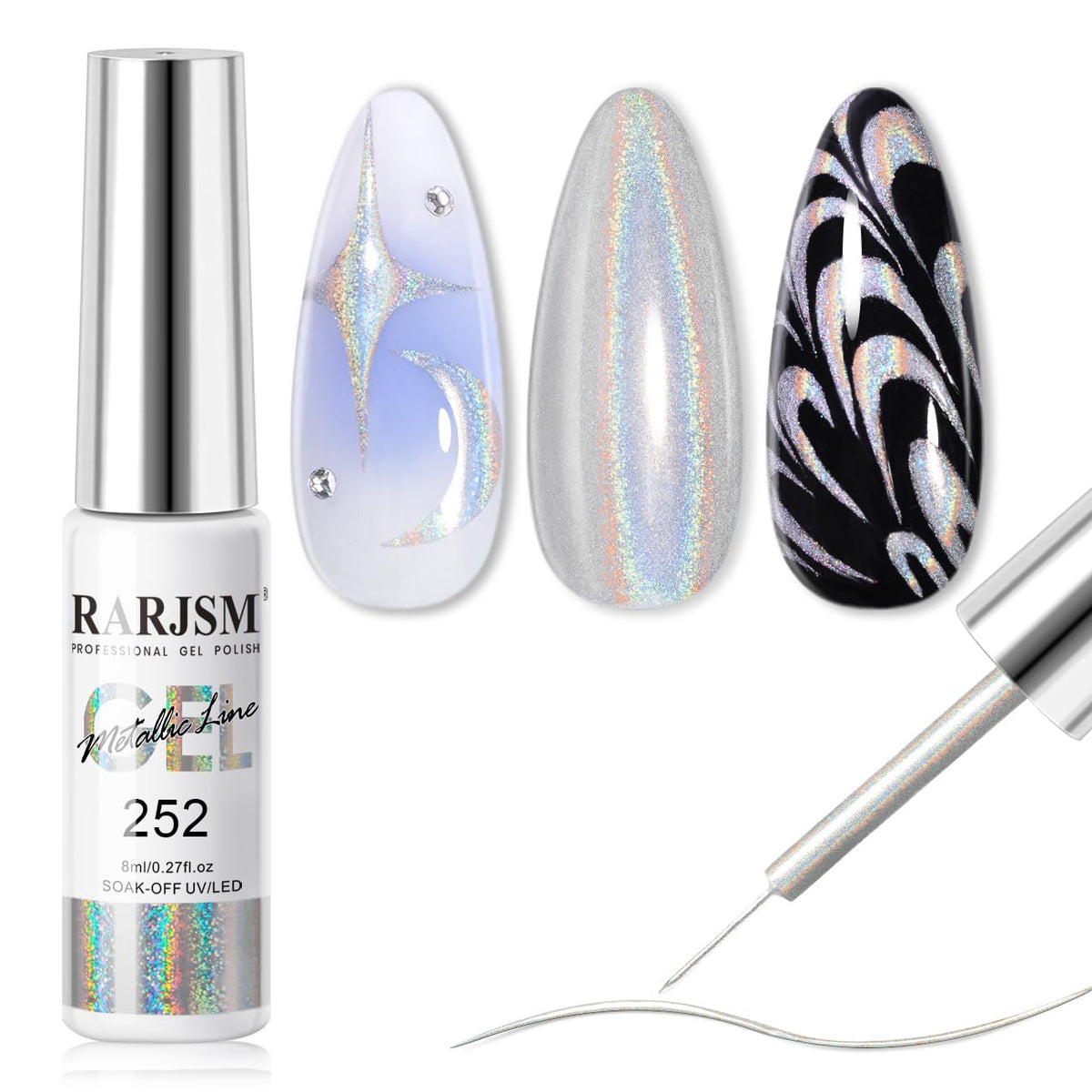 RARJSM Metallic Silver Nail Art Gel Liner Mirror Chrome 3D Holographic Laser Rainbow Effect Gel