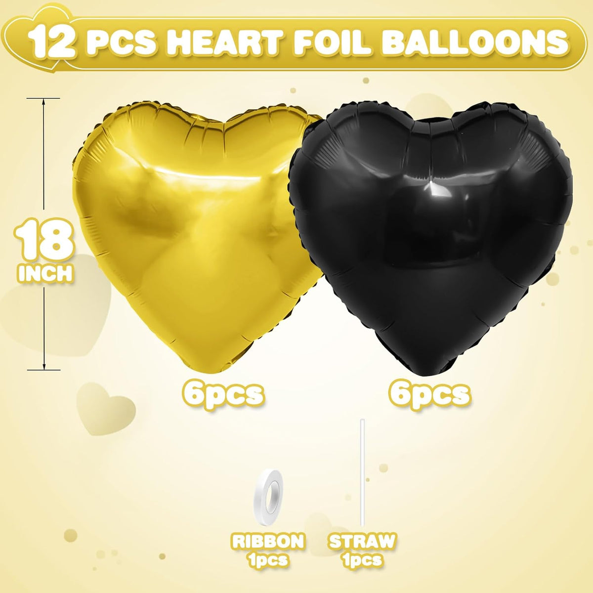 Black Gold Heart Balloons,12Pcs Black Heart Shaped Foil Balloons,18Inch Gold Helium Polyester Film