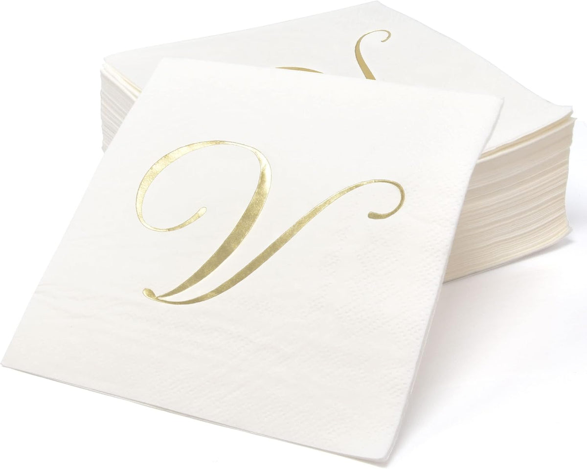 Gift Boutique 100 Gold Monogram Cocktail, Letter V Disposable Paper Pack Elegant Metallic Golden