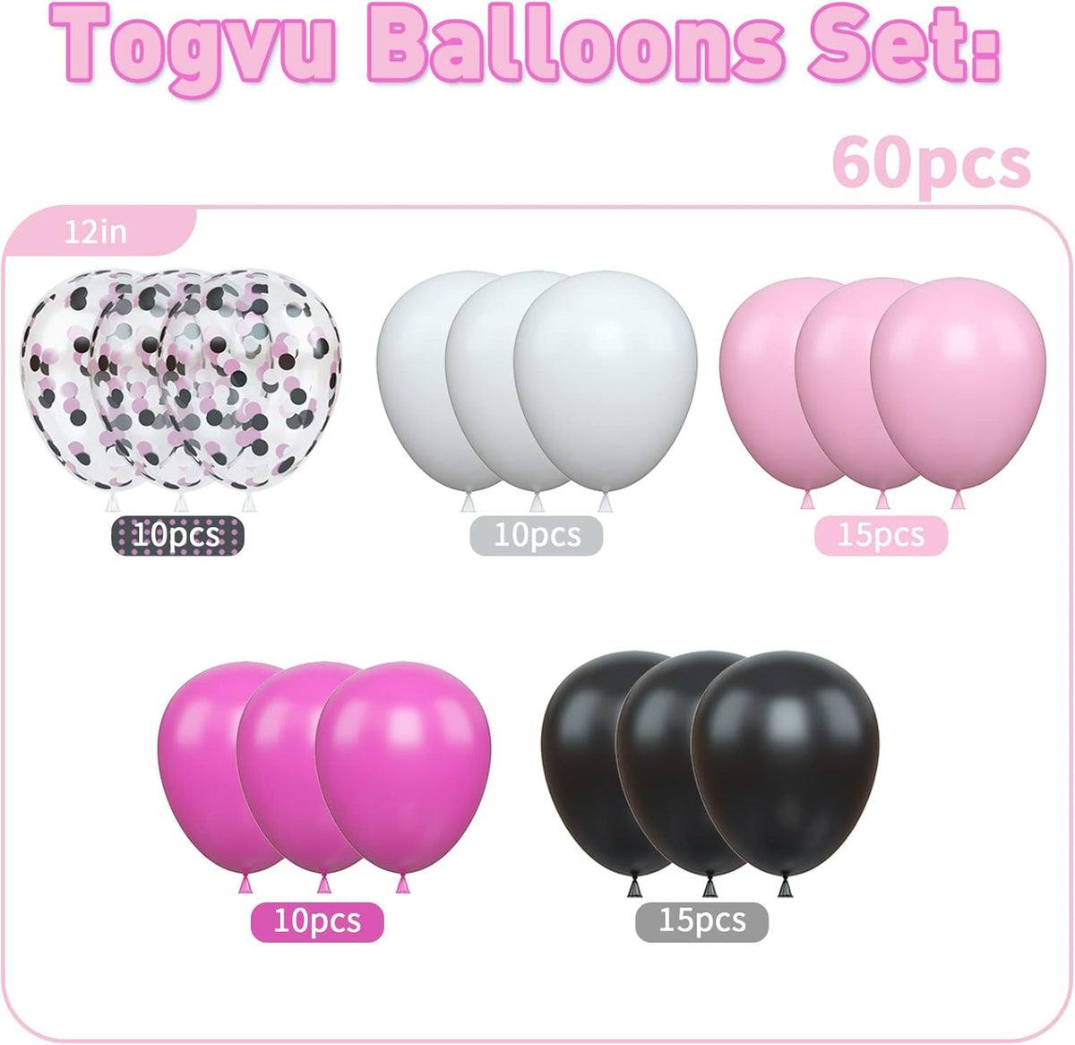 Balloons Black and Pink, Pack of 60 Hot Pink Black White Latex Balloon and Confetti Balloons, Rose