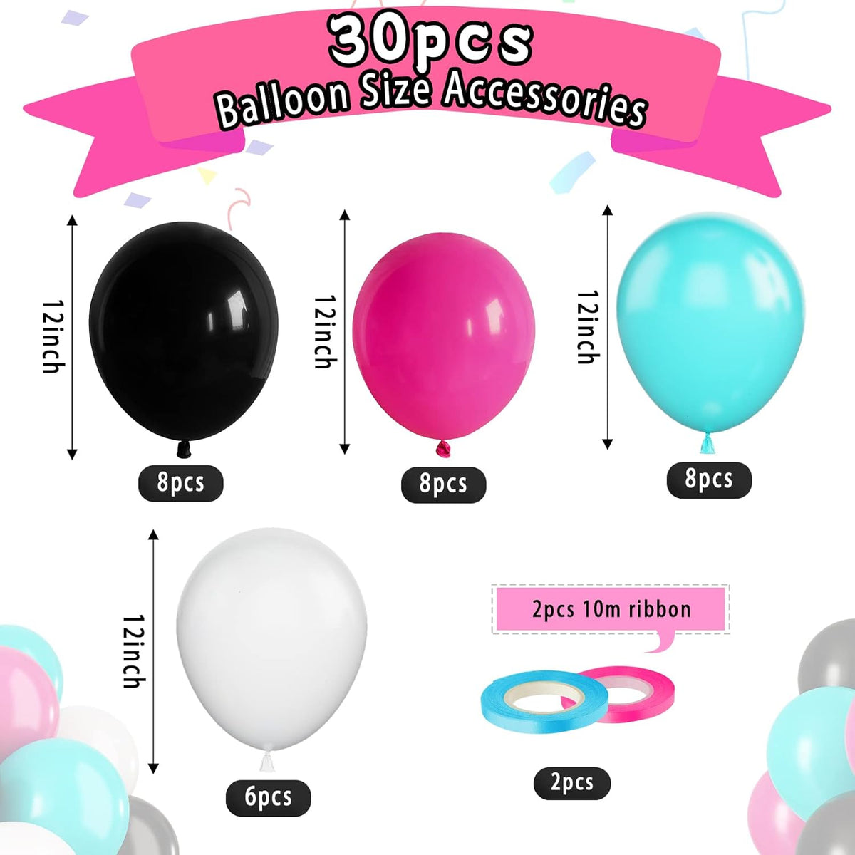 Paready Disco Music Party Balloons, 30 Pcs 12 Inch Hot Pink Black Blue and White Latex Balloons