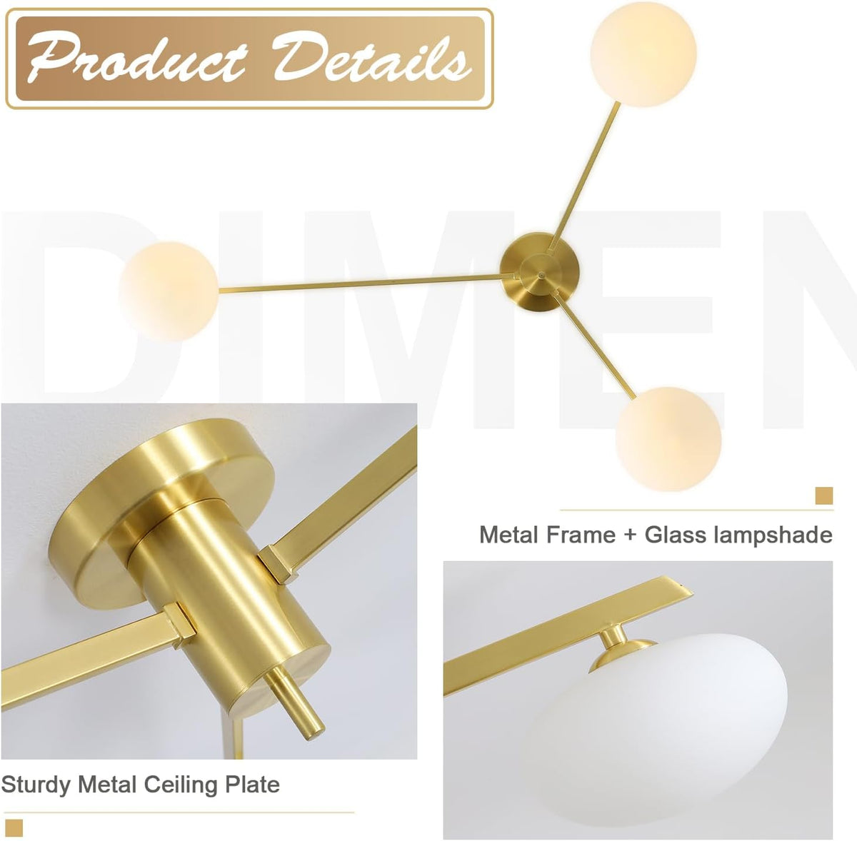 3-Light Gold Semi Flush Mount Ceiling Light,Modern Sputnik Chandelier,Mid Century Industrial