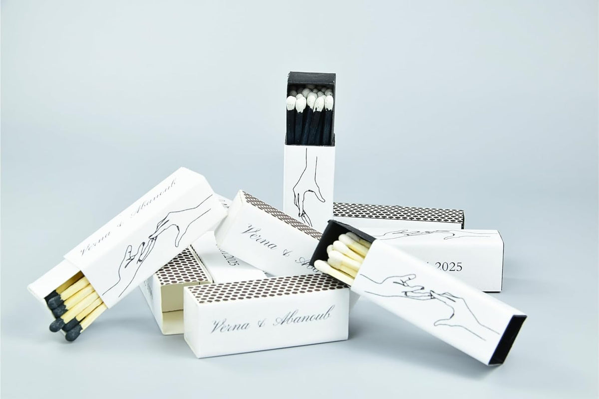 10 Boxes - Customized Matchboxes Colorful Tips (Wedding Design #5, 4" Matchboxes) (2" Matchsticks