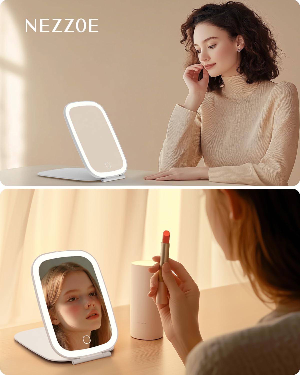 Travel Makeup Mirror, Rechargeable Portable Mirror with Lights, 3 Color Lighting, 7.5 inch Ultra