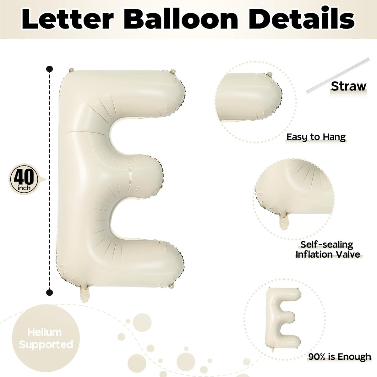 Big Letters Balloon E, 40 Inch Cream White Sand Helium Mylar Alphabet for Customizing Name, Self