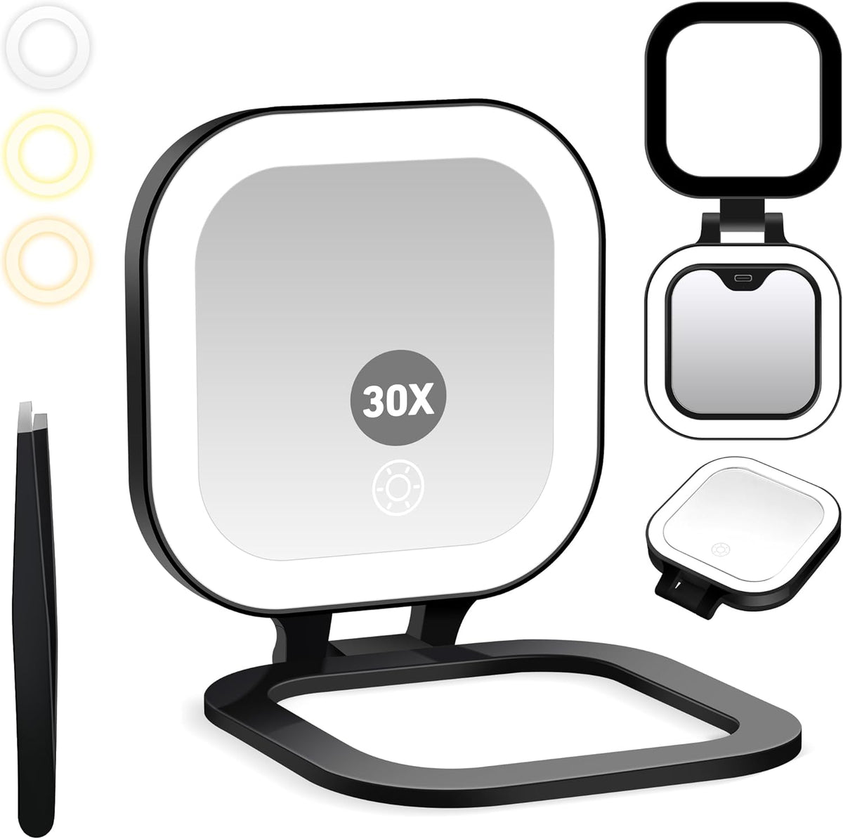 Travel Mirror with Light, 1x/30x Magnifying Mirror with 3 Color Lights and Adjustable Brightness