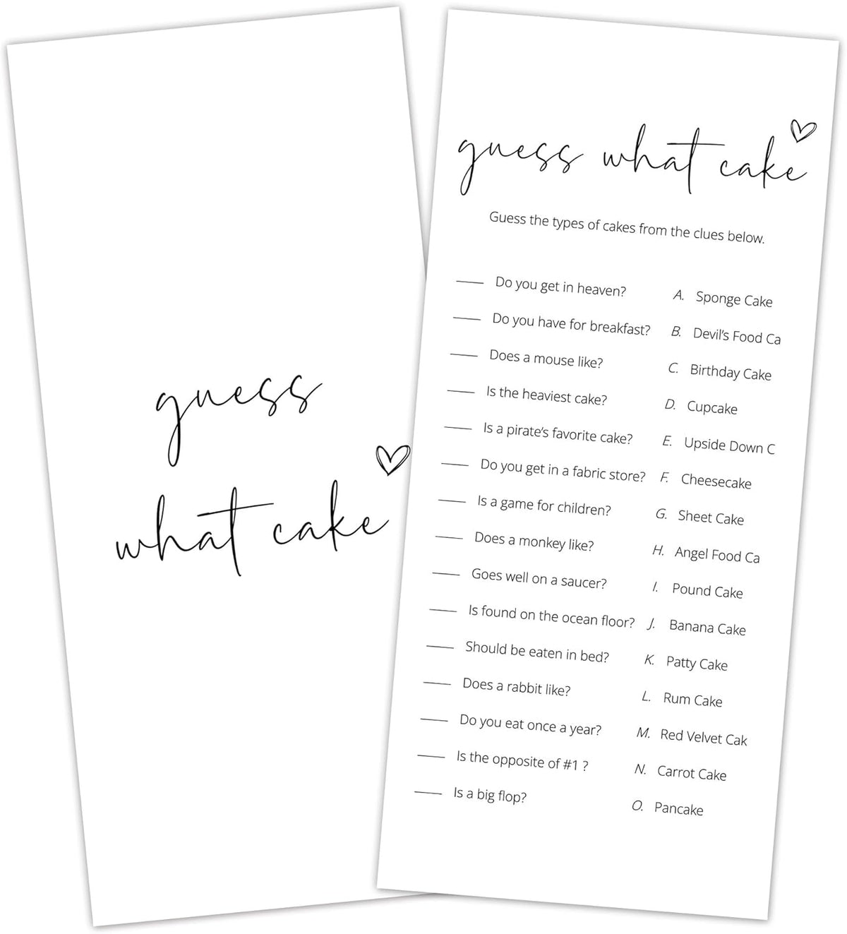Bridal Shower Games, What Cake, 25Pcs 4x9inch Minimalist White Double-Sided Bridal Game Cards with
