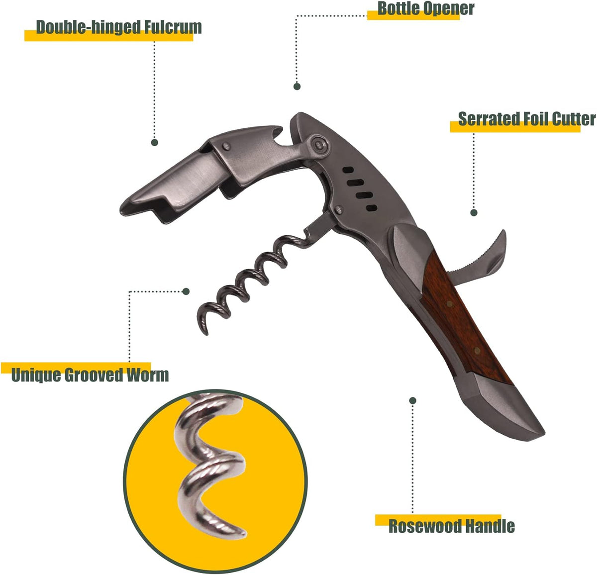Waiters Corkscrew, Wine Bottle Opener, Heavy Duty Stainless Steel, Rosewood Handle, Shark Shaped