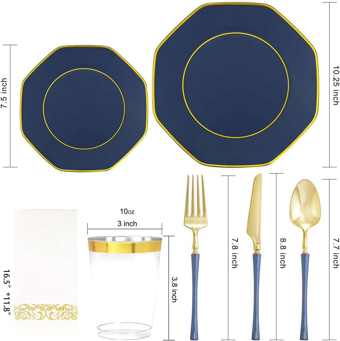 KIRE 140Pcs Blue Plastic Plates with Gold Rim - Gold Disposable Plastic Silverware with Blue