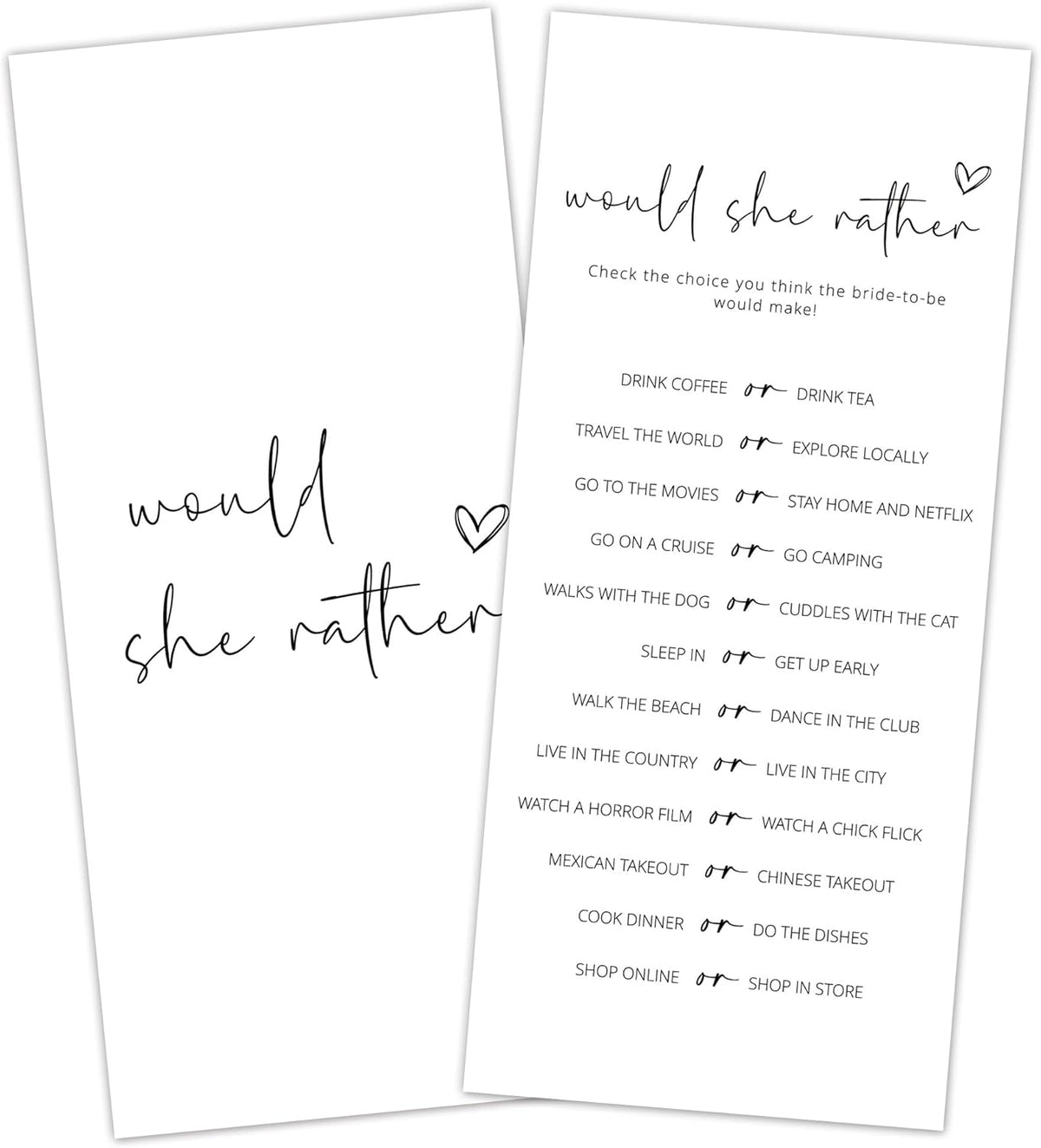 Bridal Shower Games, Would She Rather, 25Pcs 4x9inch Minimalist White Double-Sided Bridal Game