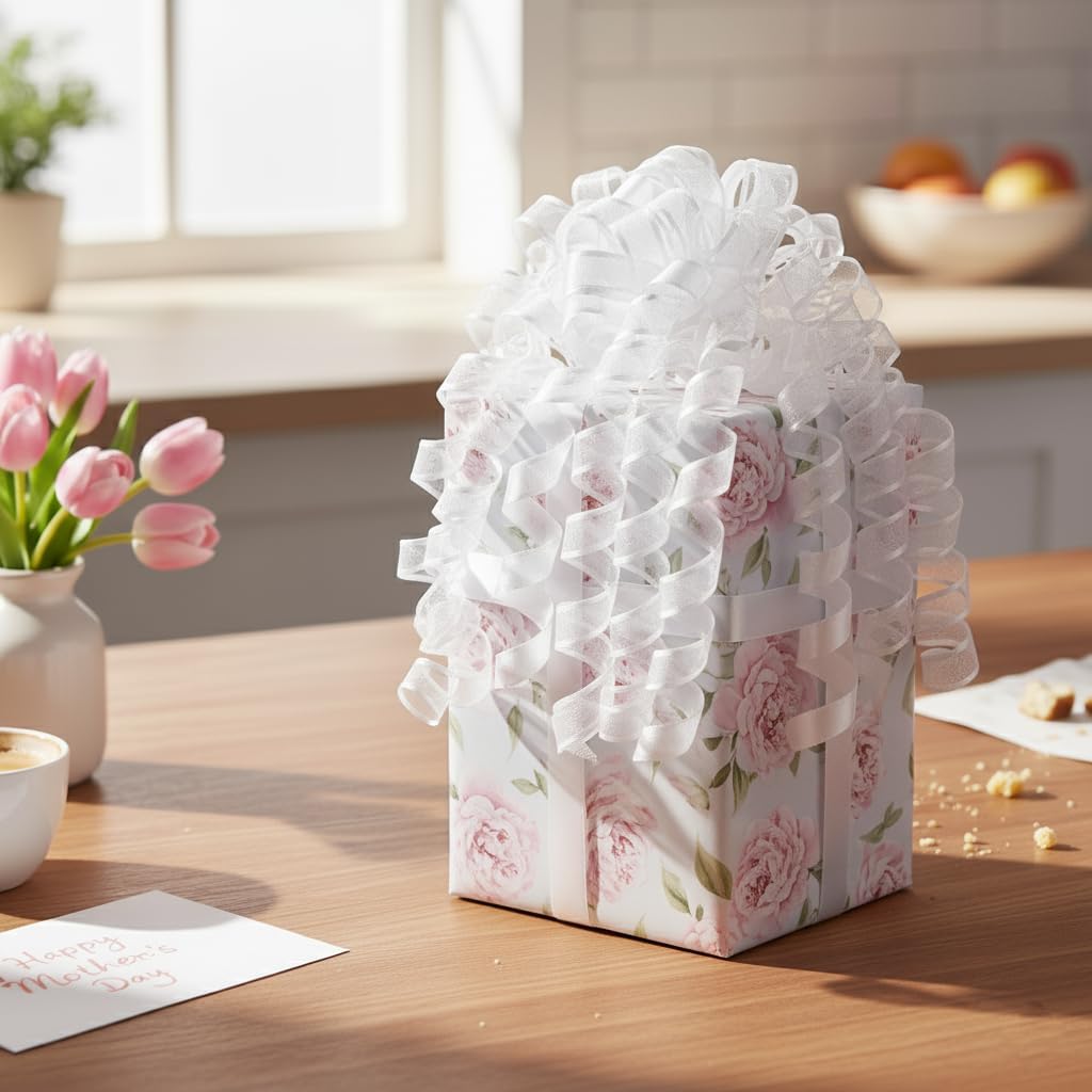 CT CRAFT LLC White Satin and Sheer Curly Ribbon Bow 6" Long x 6 Counts Gift Wrapping Pre-Tied