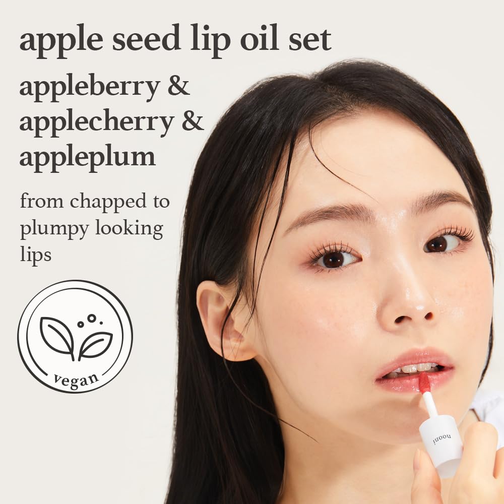 NOONI Vegan Appleseed Lip Oil Set - Appleberry & Applecherry & Appleplum | Long-Lasting