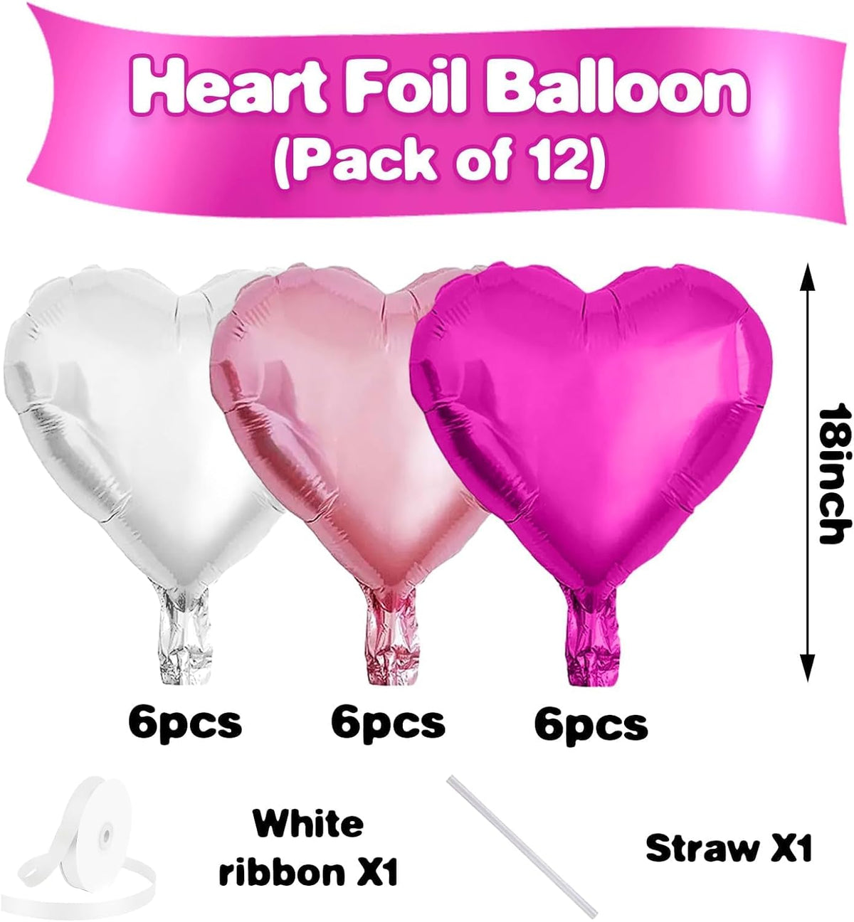 Hot Pink White Heart Balloons,12Pcs 18 Inch Light Pink Helium Foil Love Heart Shaped Balloons for