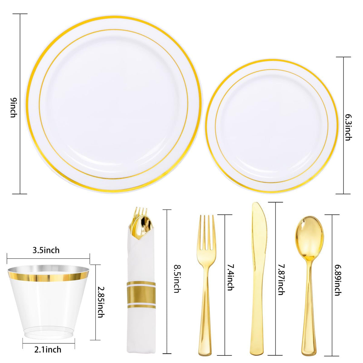 WDF Partyware 350Piece Gold Dinnerware Set for 50 Guests - Gold Plastic Plates with Disposable