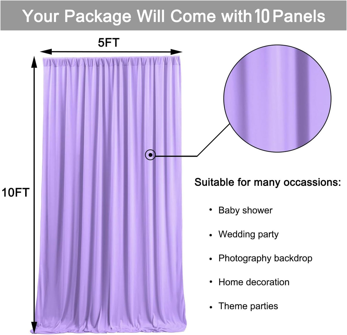 50 ft x 10 ft Wrinkle Free Lavender Backdrop Curtain for Parties, Polyester Light Purple Photo