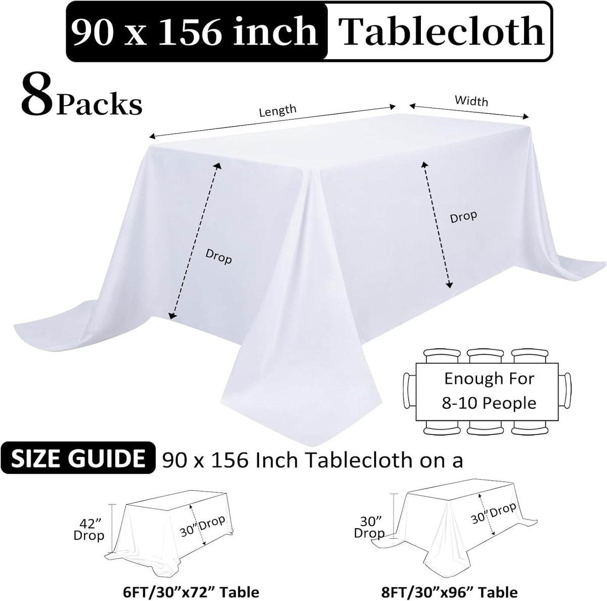 8 Pack White Table Cloth 90 x 156 Inch Rectangular Tablecloths for 8 Foot Rectangle Tables, Wrinkle