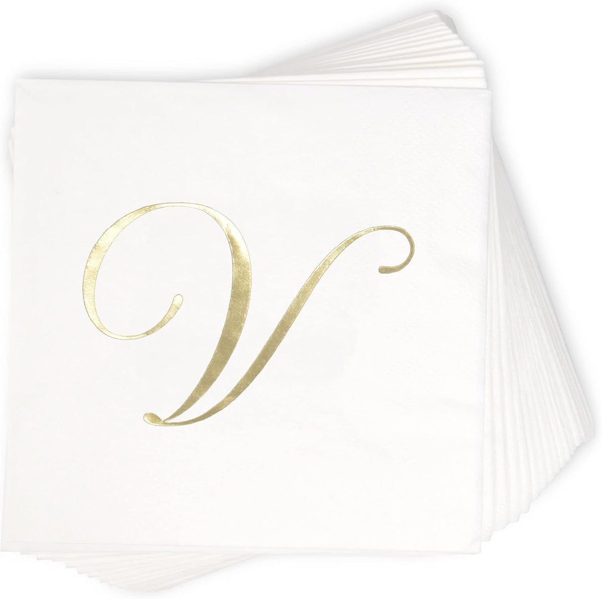 Gift Boutique 100 Gold Monogram Cocktail, Letter V Disposable Paper Pack Elegant Metallic Golden