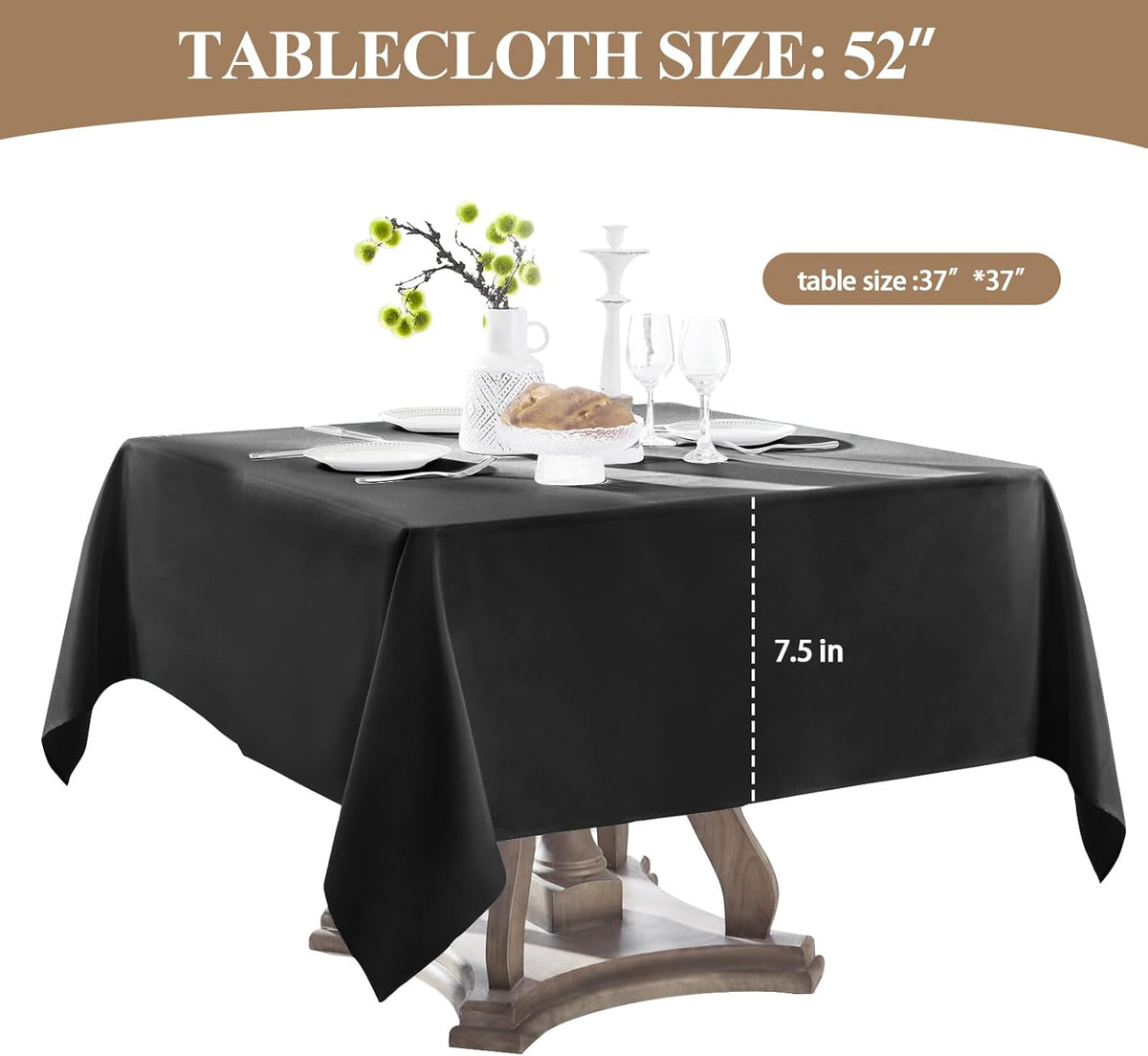Square Tablecloth 52 x 52 Inch Black 10 Pack Tablecloths Stain-Wrinkle Resistant Washable Polyester