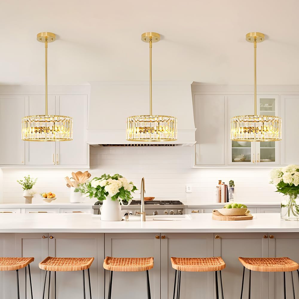 Gold Crystal Chandelier for Dining Room, 3-Light Modern Semi Flush Mount Ceiling Pendant Light