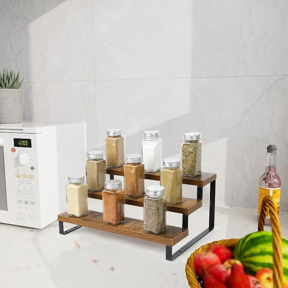 4-Tier Wooden Display Riser Shelf Stand for, Makeup, Cupcake, Condiment & Dolls Collection Home