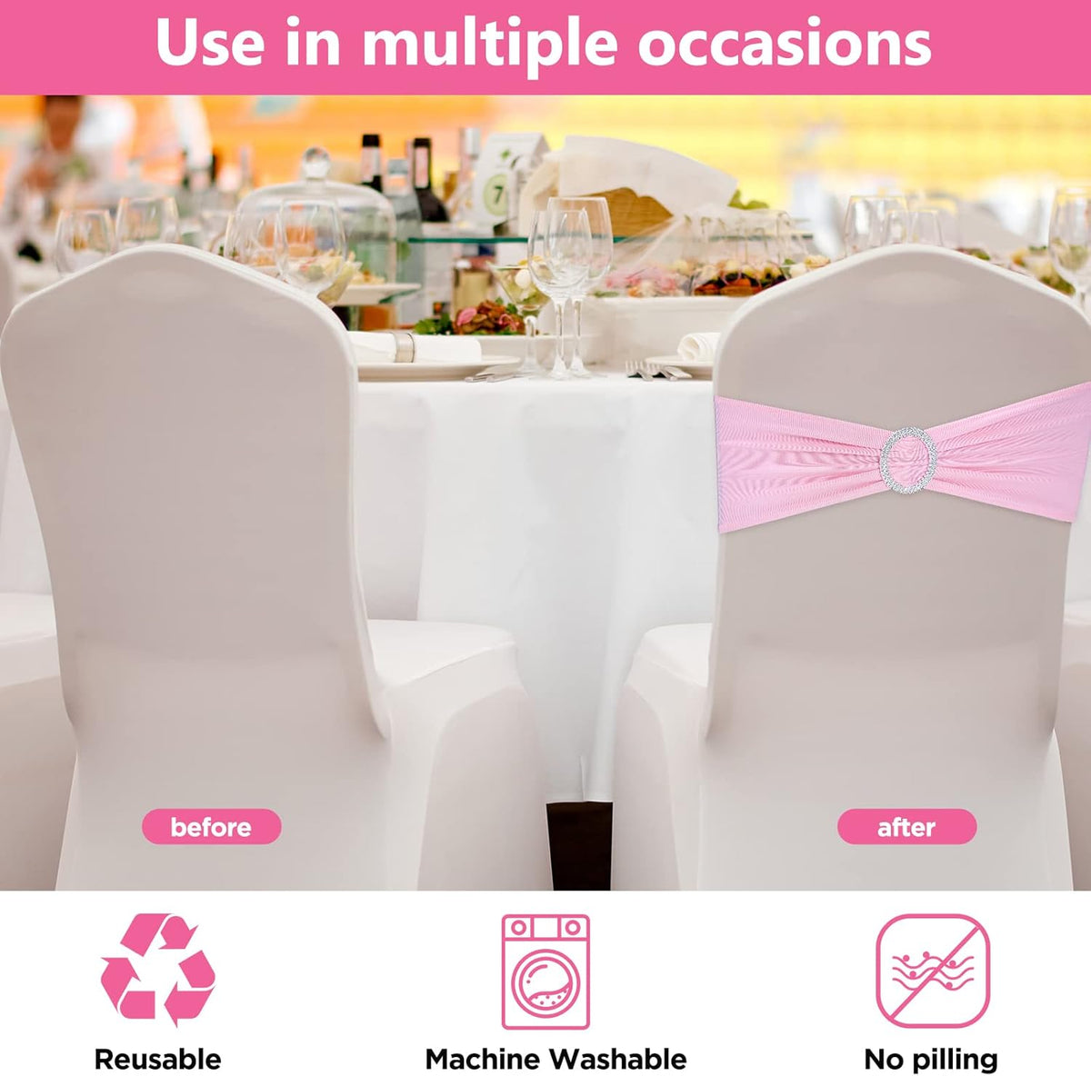 CHENGU 150 Pieces Spandex Stretch Chair Sashes Bows Elastic Chair Cover Bands Ties with Buckle