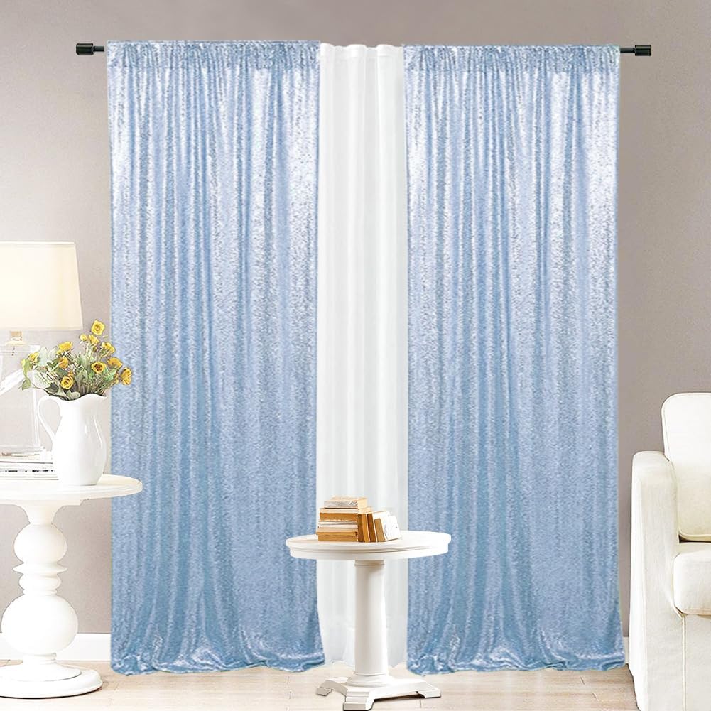 Eternal Beauty Sequin Backdrop Curtains, 2x8 Ft-2 Panels Baby Blue Back Drop for Shimmer