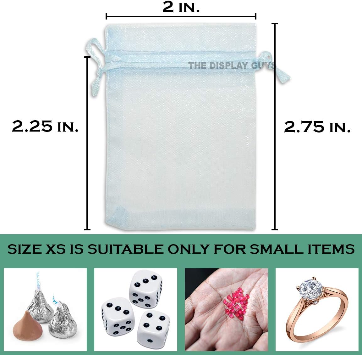 TheDisplayGuys 100-Pack XS 2x2 3/4" Blue Sheer Organza Gift Bags with Drawstring, Jewelry Candy