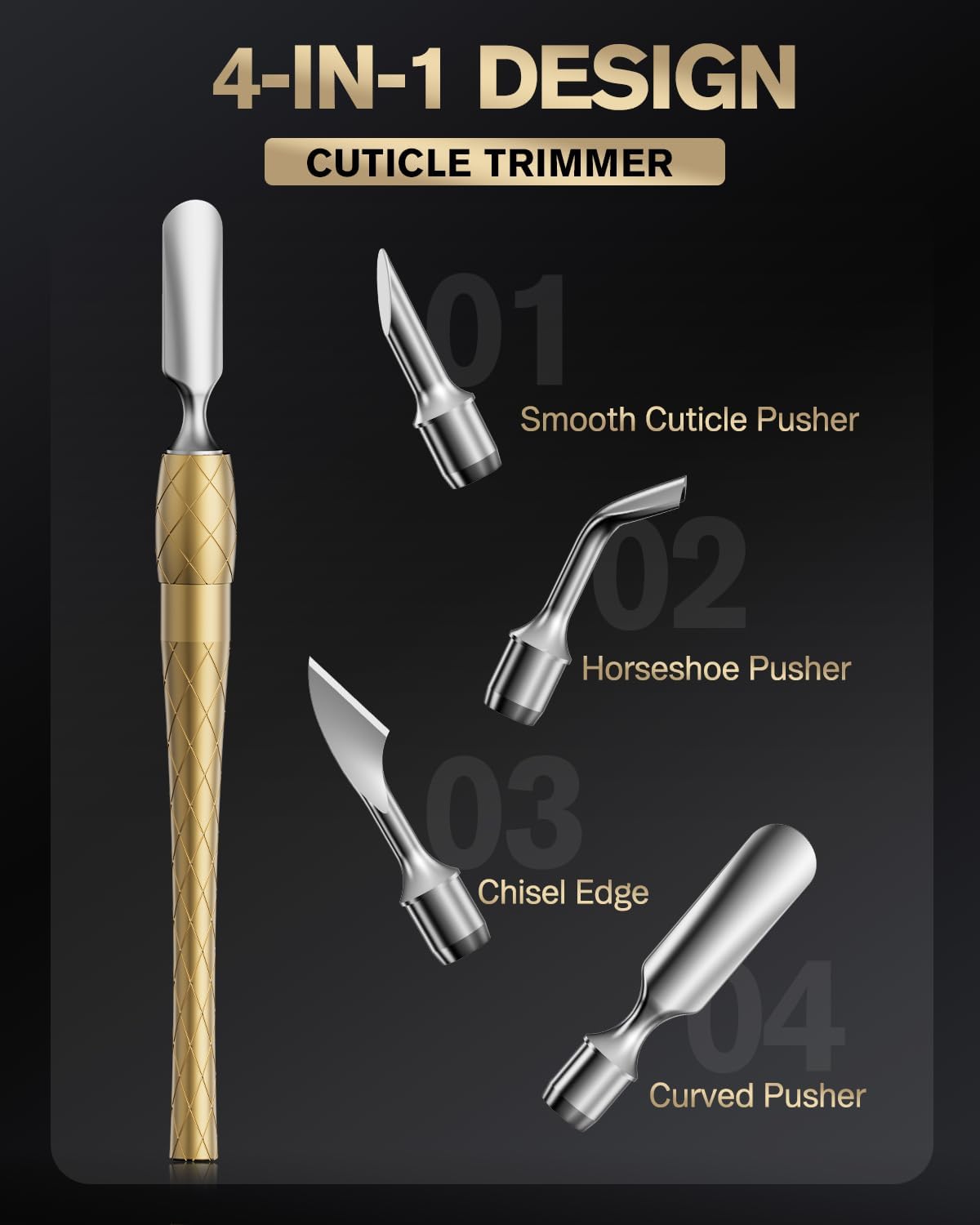 FERYES 4-in-1 Cuticle Pusher Tool-Curved/Smooth/Chisel/Horseshoe Heads + Thread-Lock Handle for