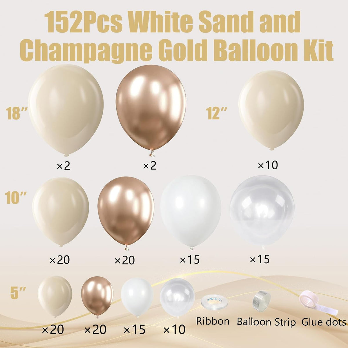 White Sand Metallic Champagne Gold Balloons Garland Arch Kit,152PCS White Nude Balloons with Clear