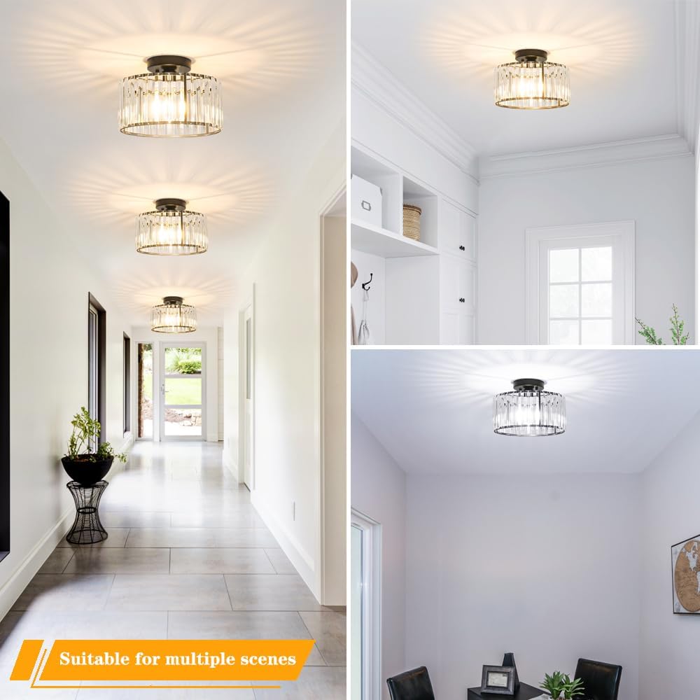 Crystal Ceiling Light Fixture, Modern Semi Flush Mount Ceiling Light, Black Close To Ceiling Light