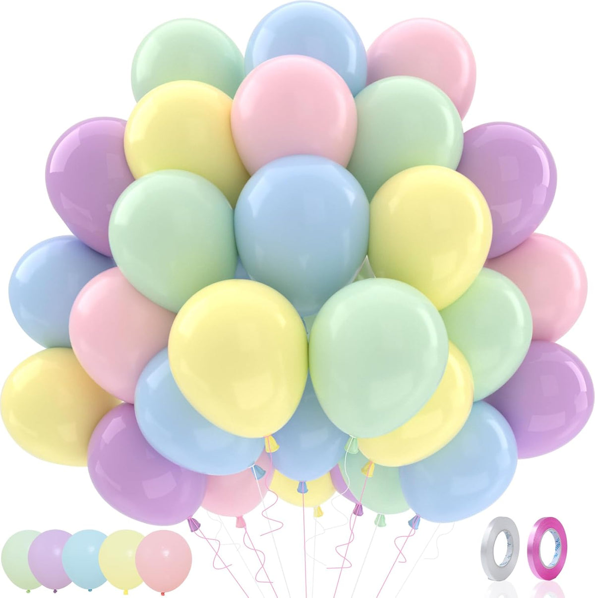 Patimate Pastel Balloons Set, 50 pcs 12 inch Rainbow Multicolor Pink Purple Green Yellow Blue