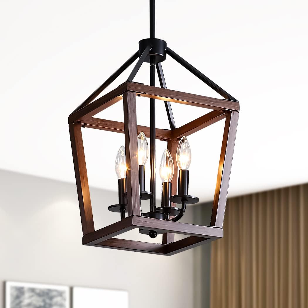 Farmhouse orb Metal Chandelier，4-Light Vintage Handmade Rustic Wood Pendant Hanging Light Fixture