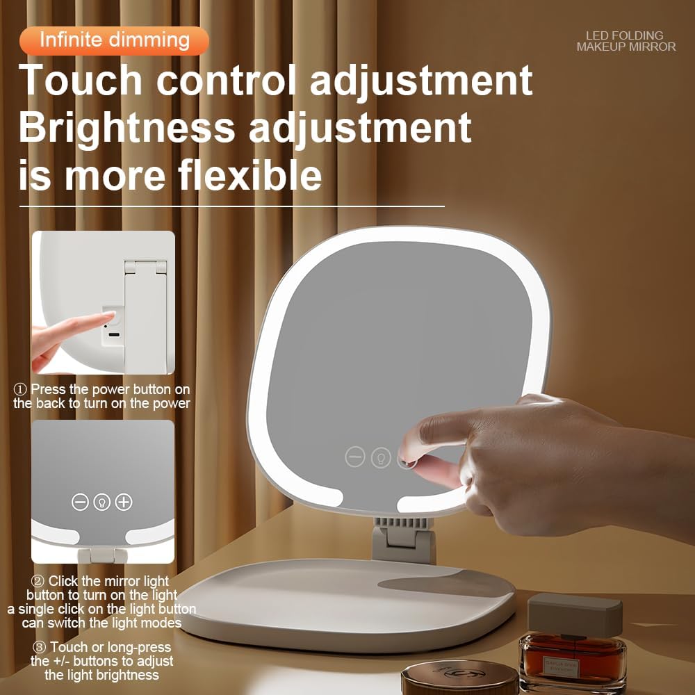 Rechargeable LED Travel Makeup Mirror, 3-Color Lighting, Dimmable Touch Screen, Multi Angle