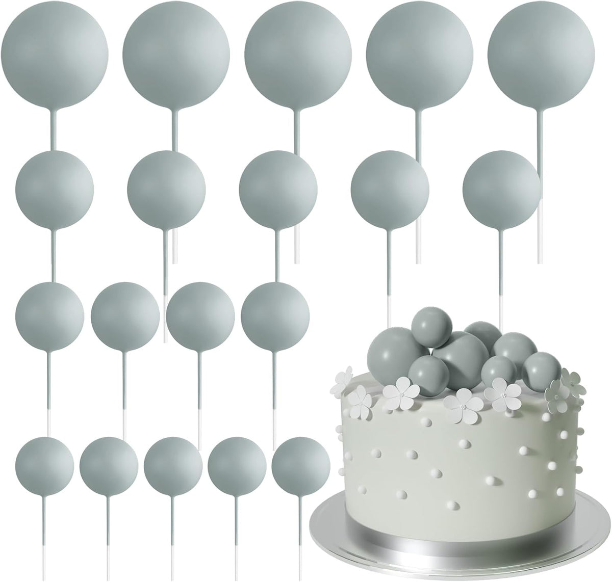 ASTARON 20 Pcs Ball Cake Topper Decorations Mini Balloons Cake Topper Sticks Gray Balls Cake Picks