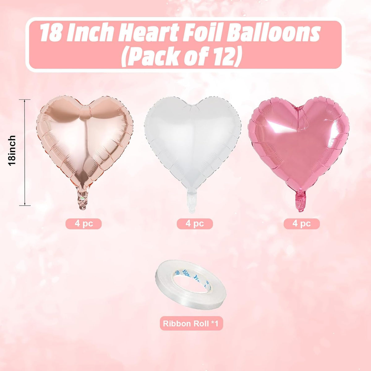 Pink White Heart Balloons, 18 Inch White Rose gold Heart Shape Balloon, 12PCS Pink and Rose Gold