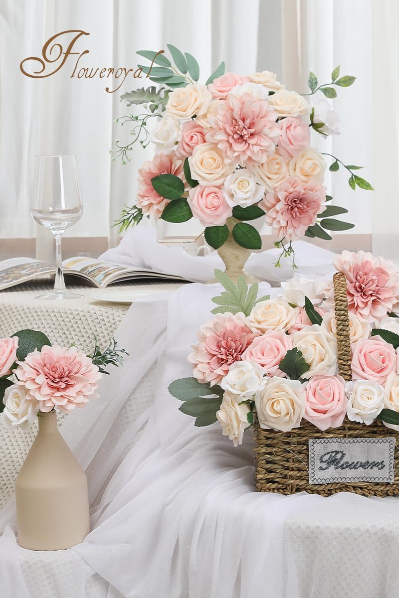 Floweroyal Artificial Pink Flowers Fake Rose Flowers Dahlia with Stems for DIY Wedding Bridal