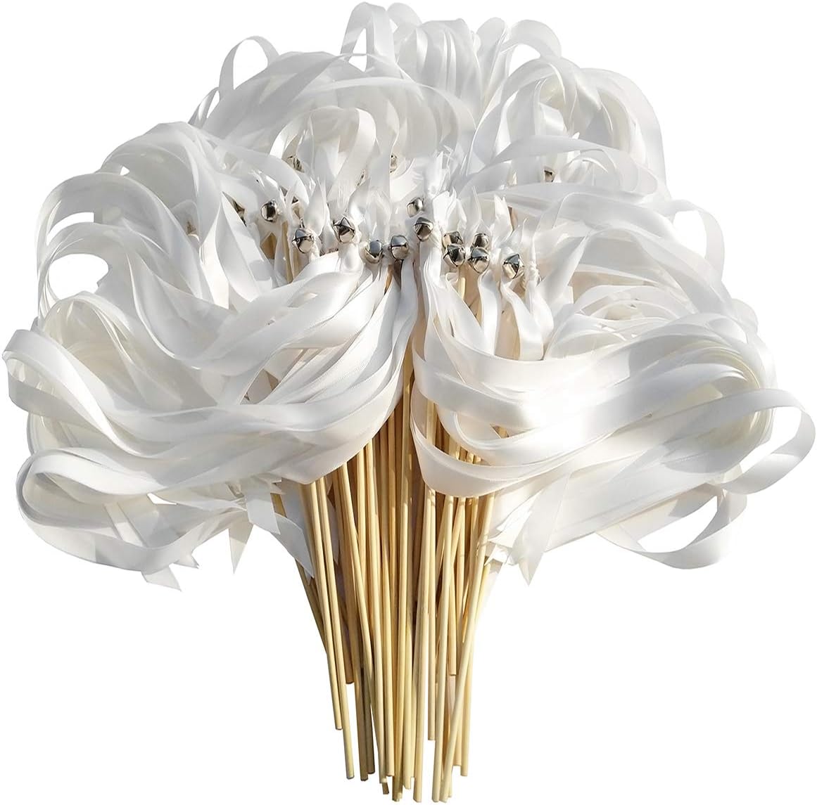 50PCS Ribbon Wands with Triple Ribbon and Silver Bell Party Wand Party Favors Streamers Ribbon