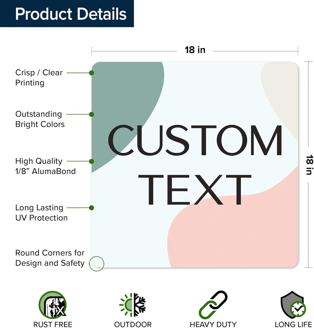 Custom Sign, Custom Street Sign, 11 Font Colors, 13 Font Styles, 4 Hole Options, 22 Sizes, 18x18
