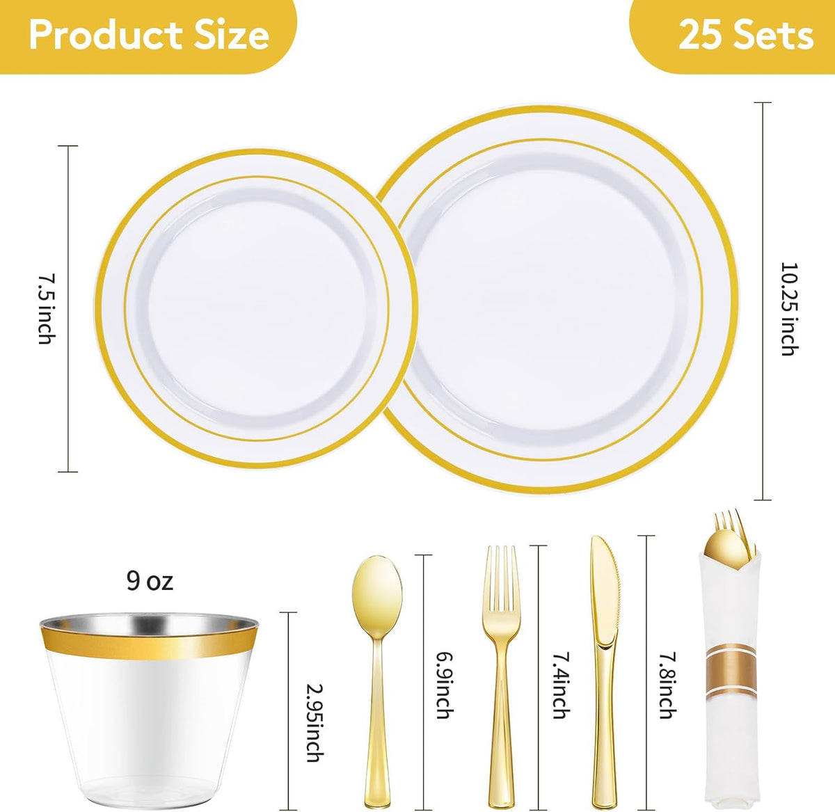 Goodluck 175 Piece Gold Plastic Dinnerware Set for 25 Guests, Fancy Disposable Plates for Party