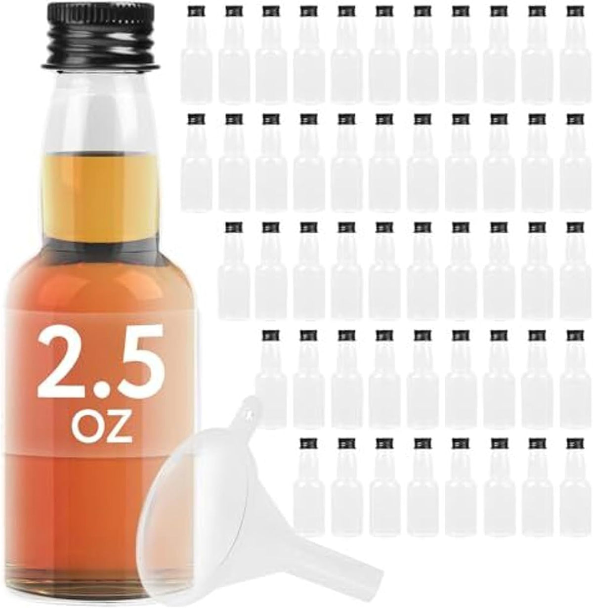 IMPRESA Mini Plastic Bottles - 75ml (2.5oz), Clear, 50-Pack - Liquor Containers with Airtight Caps