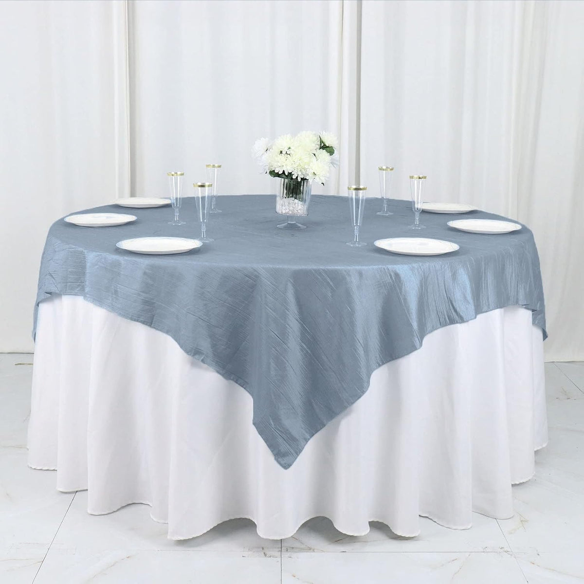 Tableclothsfactory 72"X72" Dusty Blue Accordion Crinkle Taffeta Table Overlay, Square Tablecloth