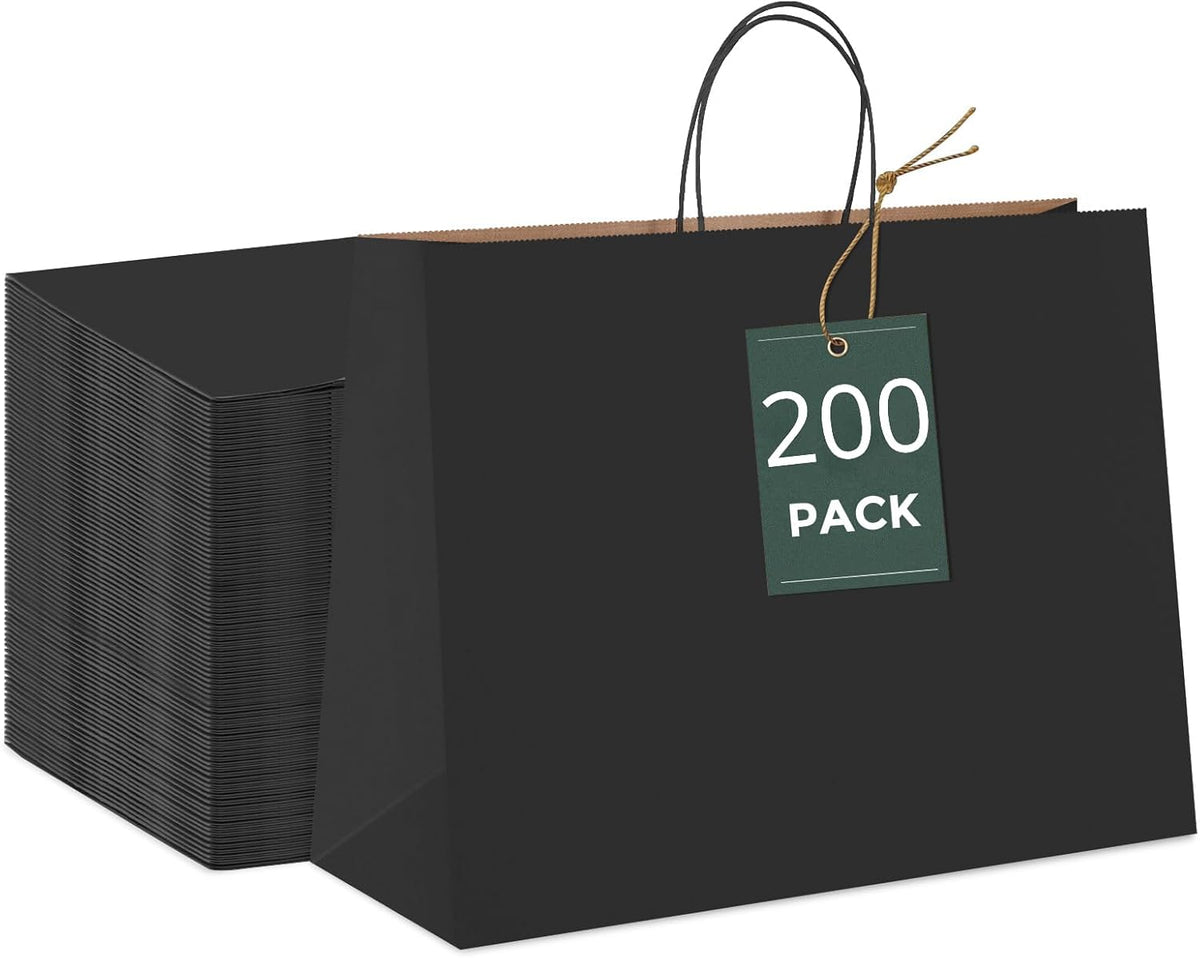 GSSUSA Black Large Gift Bags 16x6x12 Kraft Paper Bags with Handles 200Pcs Sturdy Shopping Party