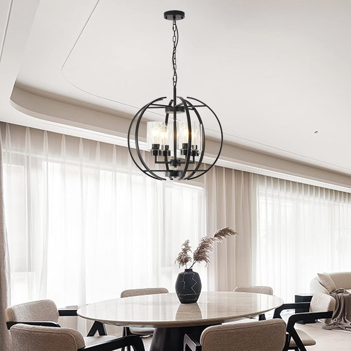 Black Chandelier Lighting with Clear Glass for Dining Room, Farmhouse Hanging Lighting, 4 Lights