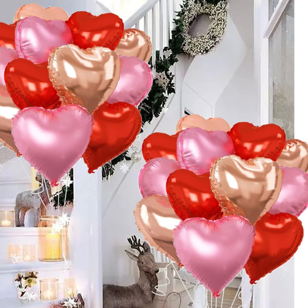 Rose Gold & Red Heart Balloons，18 Inch Light Pink Foil Love Heart Shaped Balloons for Anniversary